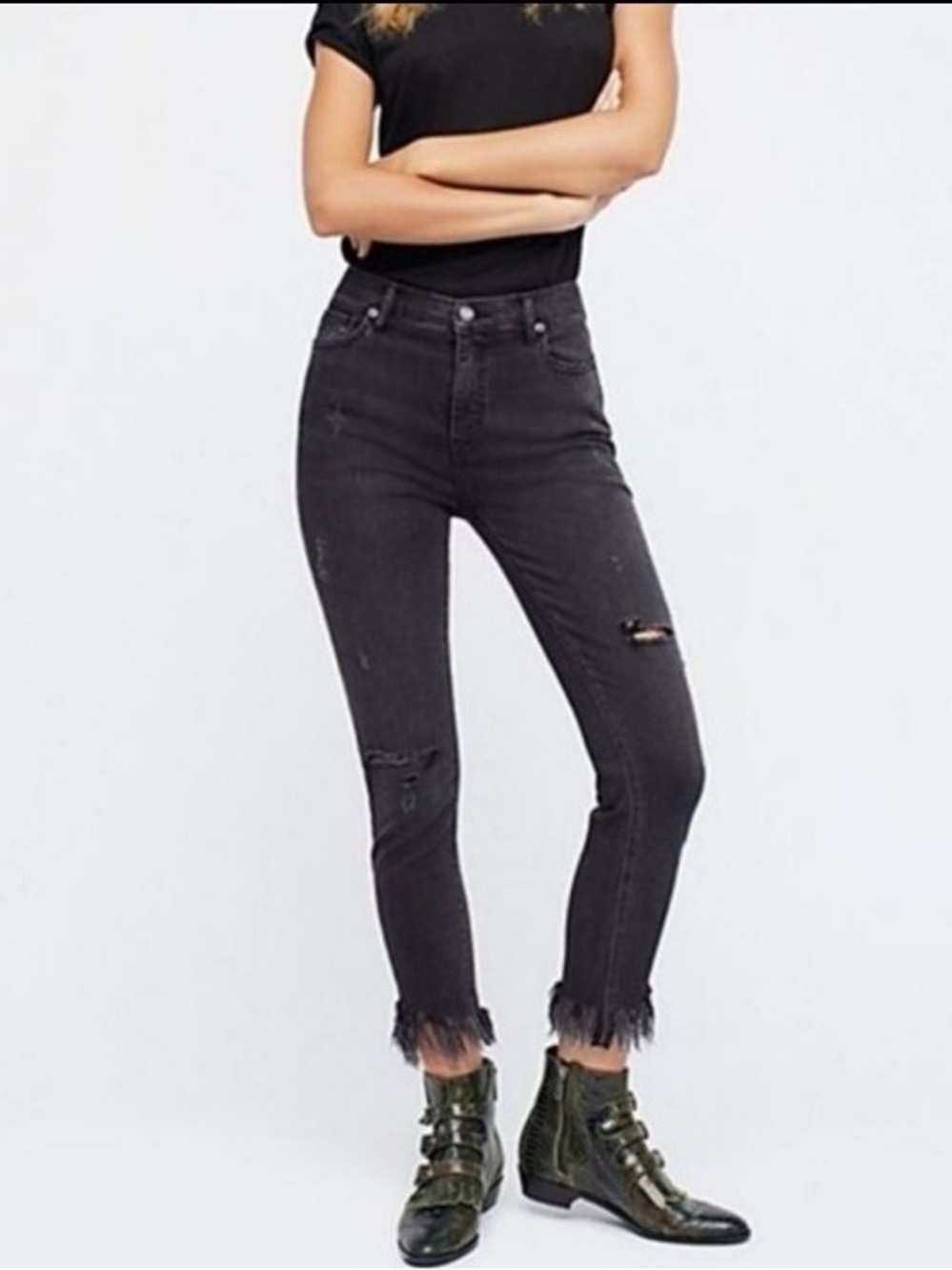 Free People Great Heights Women's Skinny Distressed Jeans - Black